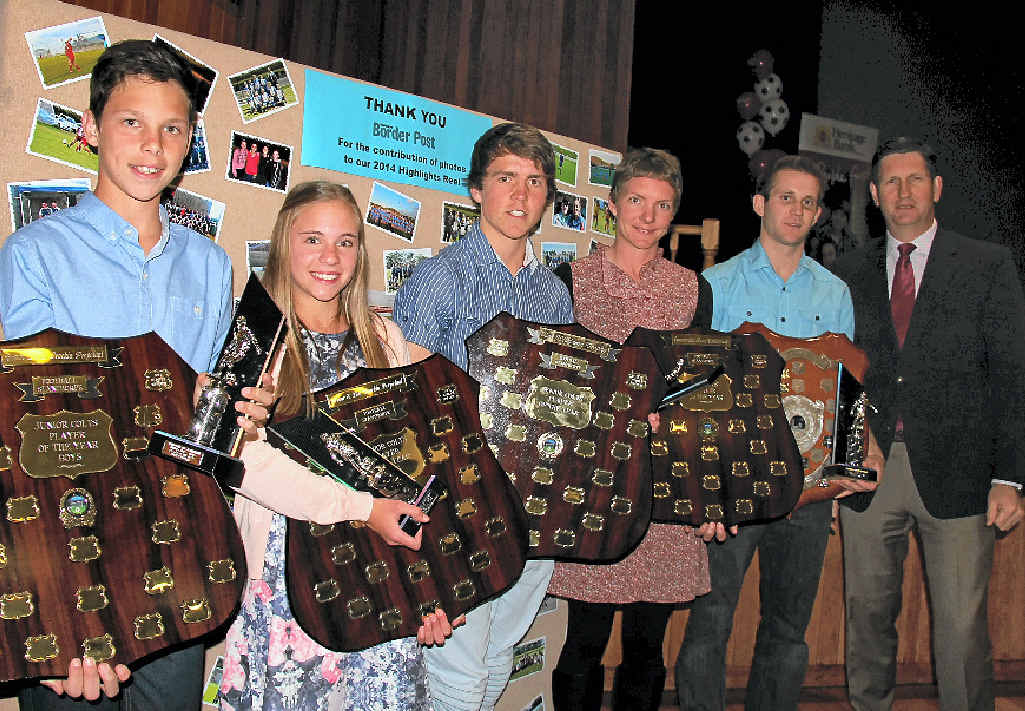 TOP PLAYERS: Hunter Murphy (Ballandean), Anika Spiller (United), Liam Halloran (United), Sarah Day (Ballandean) and Robert Davey (Warwick) were named players of the year at the Football Stanthorpe awards night last Saturday. Member for Southern Downs Lawrence Springborg is at right.